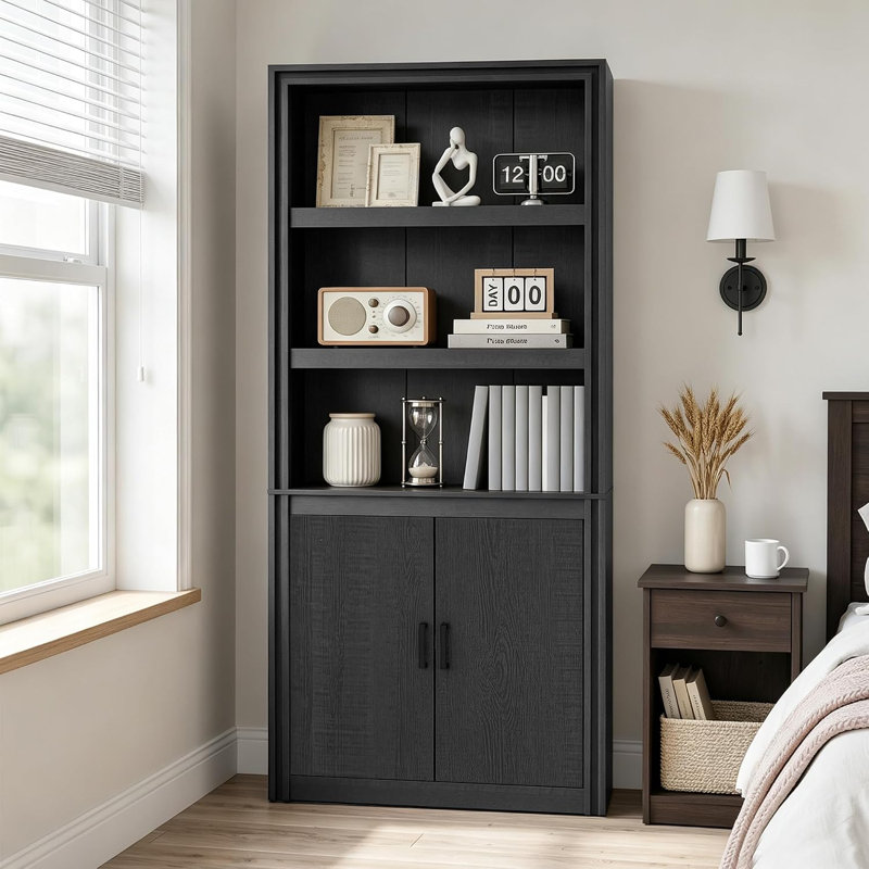 Bibliothèque de style champêtre avec portes, étagère de rangement de 180 cm de hauteur et 30 cm de profondeur, style industriel, en bois, à 5 étagères, idéale pour une chambre, un salon ou un bureau.