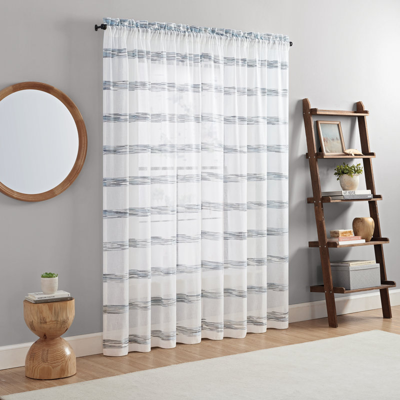 Blaurock Striped Polyester Semi-Sheer Single Curtain Panel, 52"W x 95"L, Indigo