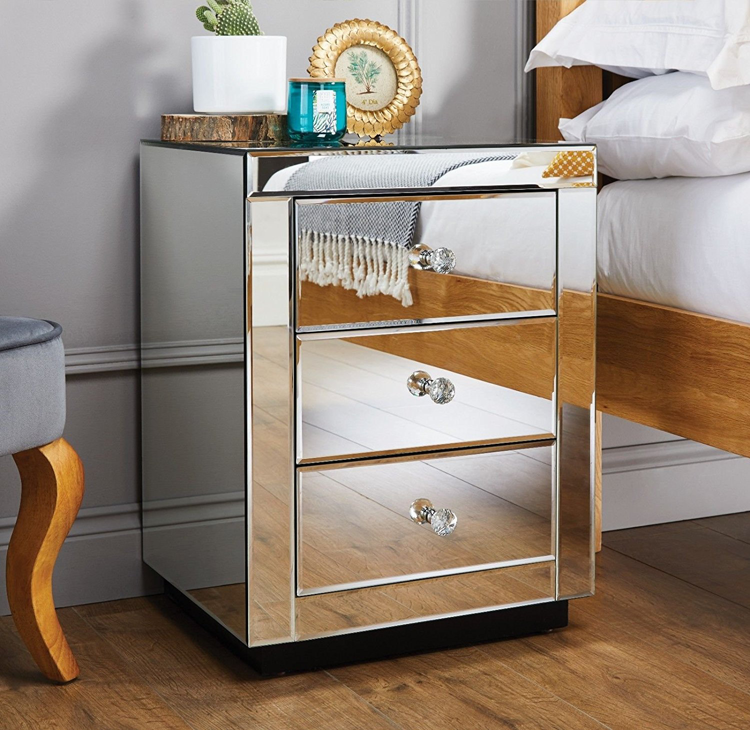 The Twillery Co. Yerington Mirrored 3 Drawer Nightstand Modern Design