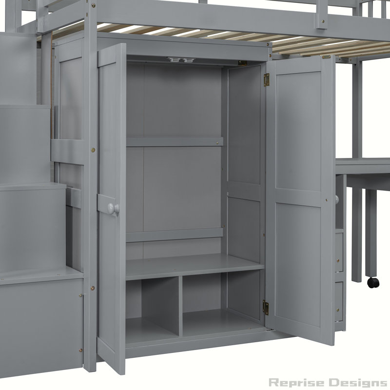 Desk & Wardrobe – Space-Saving Multifunctional Loft Bed, Grey, Twin