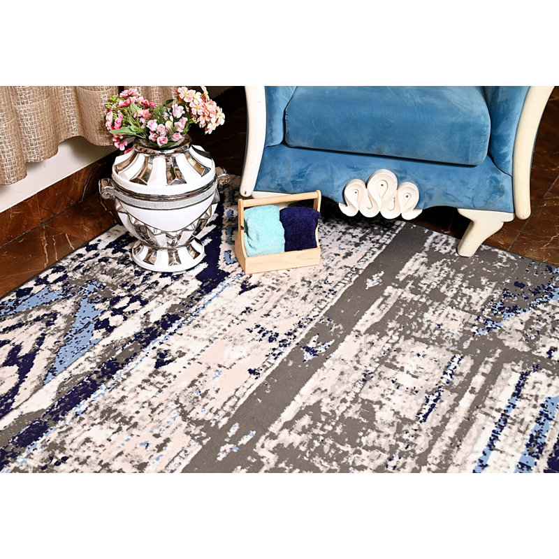 Tapis gris foncé / gris clair / bleu, Rectangle 7 pi 8 po x 11 pi