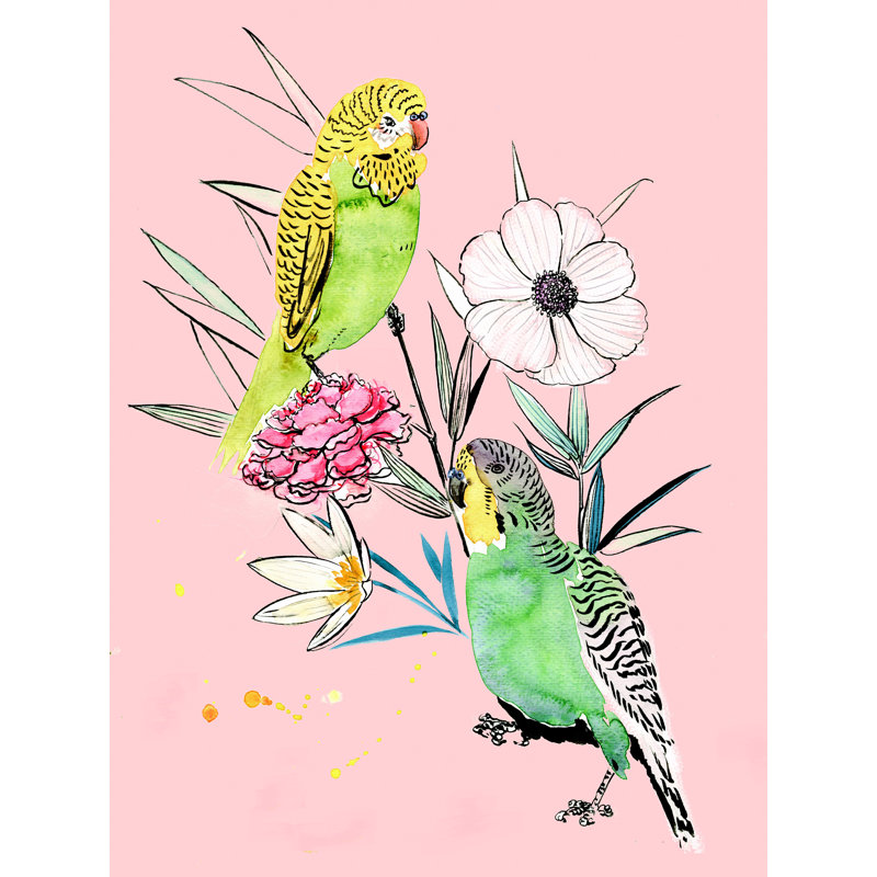 Perroquets avec fleurs - impression sur toile tendue, H 48 po x l 36 po