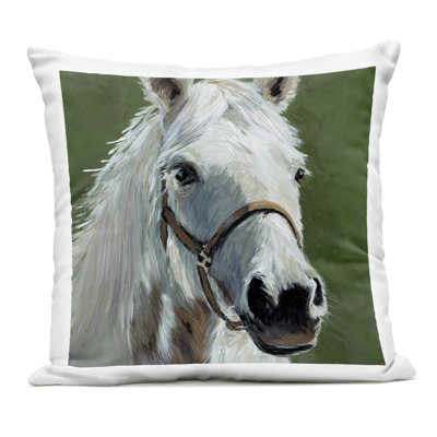 White Horse on Green Outdoor Printed Pillow design by Wani Pasion