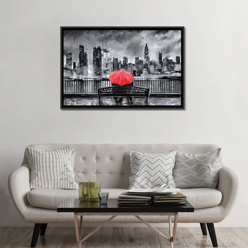 NY in Love in Red par P.D. Moreno - reproduction de photo, H 32 po x l 48 po x 1,5 po, Toile avec cadre noir, Pas de tapis
