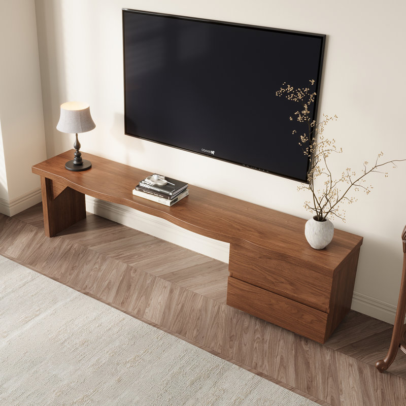 Mid-century Modern Tv Stand With Live-edge Wave Top, 2 Extendable Drawers, Walnut Finish Media Console For Tvs Up To 75"