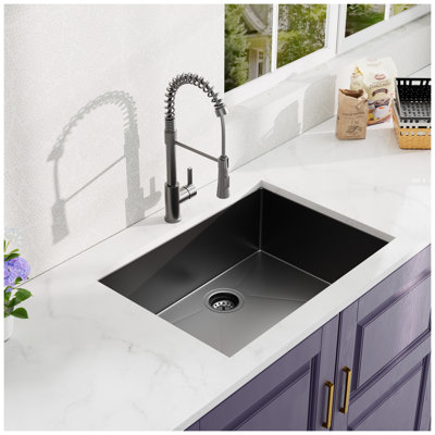 All In One  27 Inch Undermount Gunmetal Black Kitchen Sink With Black Faucet