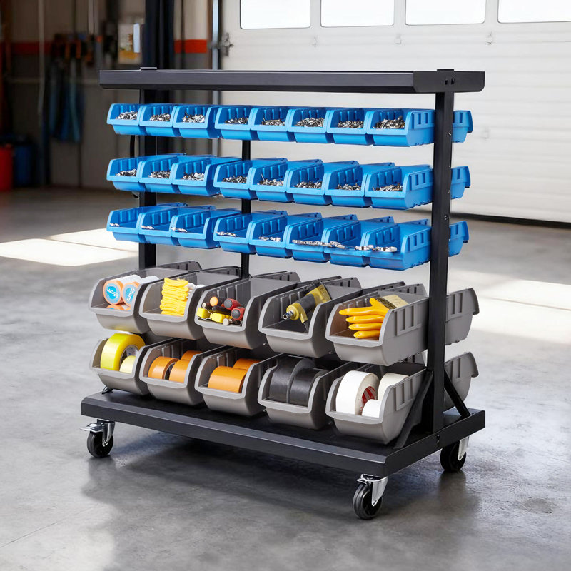 5-Tier Double-Sided Rolling Bin Storage Rack, 68 Organizer Bins, Dual-Sided Parts Organizer with Wheels, Mobile Tool Organizer Plastic Bins for Garage, Warehouse, Office, Restaurant, Classroom