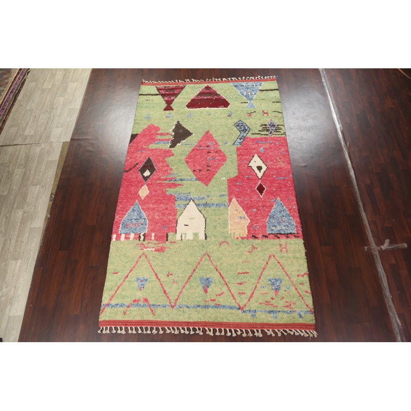 Tapis vert en laine noué à la main de conception unique 6 pi 11 po x 11 pi 8 po