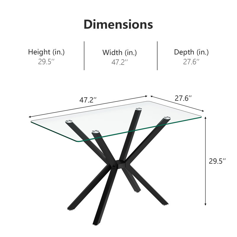 Table de salle à manger rectangulaire en verre trempé de 47,24 po avec pieds en métal, Clair, Noir