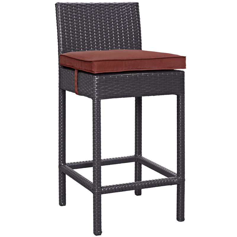 Modway Convene Wicker Rattan Outdoor Patio Bar Stool with Cushion, Currant, Espresso