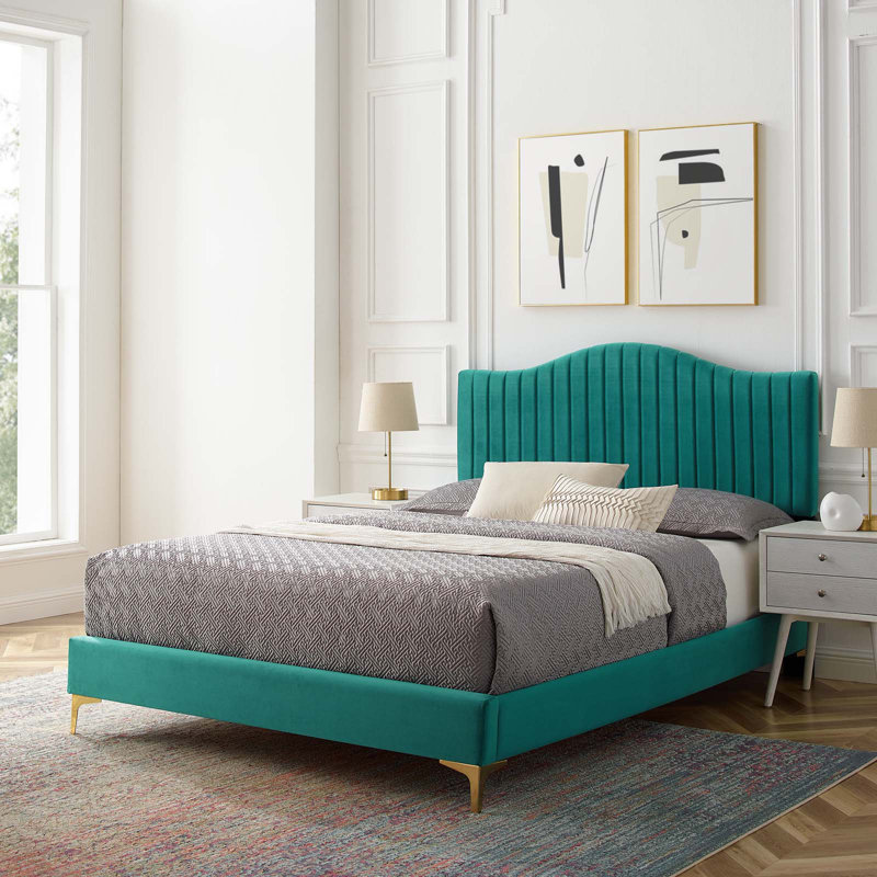 Modway Juniper Channel Tufted Performance Velvet Platform Bed, Queen, Navy