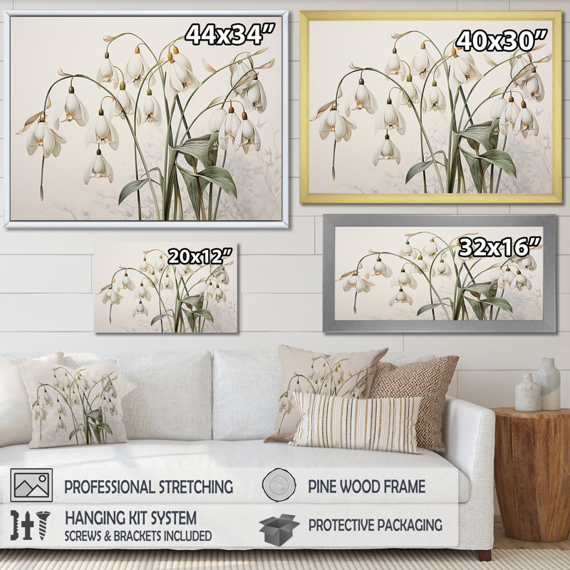 «Snowdrops Moonlit Galanthus Nivalis I», reproduction sur toile, H 12 po x l 20 po x P 1 po, Cadre doré simple