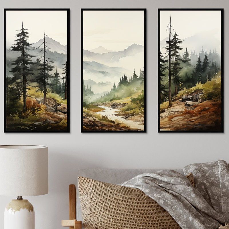 «Mountains Whisper Fog Serenity - Minimalisme», ensemble d'art mural, Cadre flottant noir, H 28 po x l 36 po x P 1 po