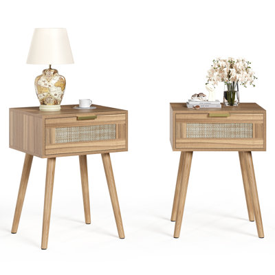 15.6"W Nightstand Set of 2, Rattan Drawer & Solid Wood Legs for Bedroom or Living Room