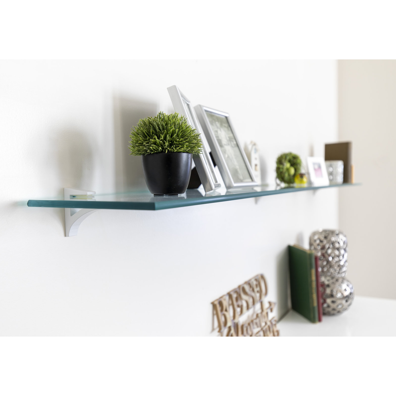 Earlham 72" Tempered Glass Bracket Shelf, White