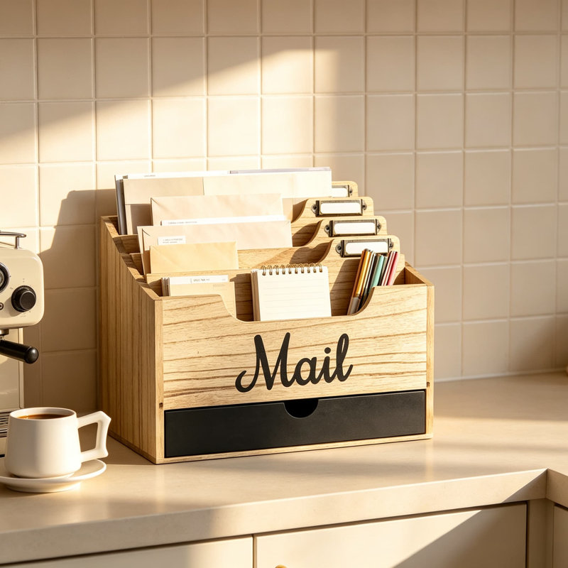 Organisateur de bureau en bois, comptoir organisateur de courrier avec compartiments et tiroir, trieur de support de courrier en bois pour dossier à dossiers, classeur de bureau en bois
