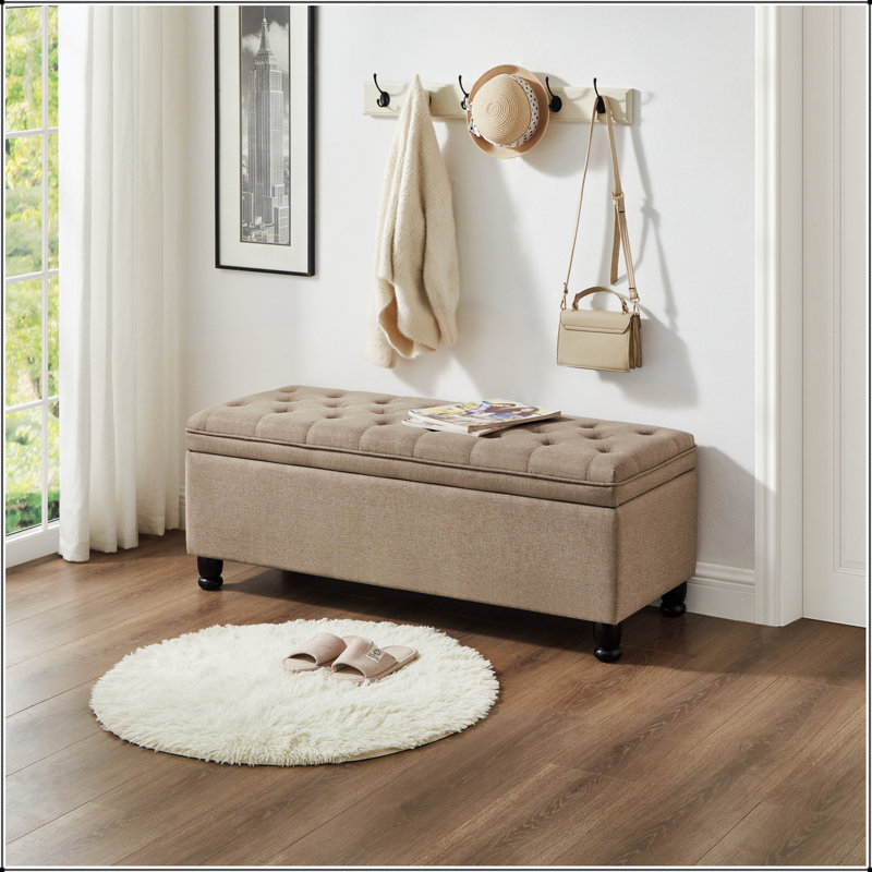 Banc de rangement capitonné capitonné, banc d'entrée en tissu de lin avec pieds en bois fuselés