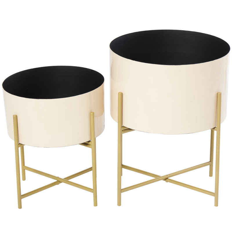 Frits 2 Piece Metal Indoor Outdoor Pink Planter with Removable Gold Stand Set, Peach