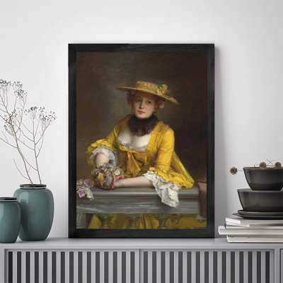 Luxury Gallery Wall Art Decor in Black Wood Frame Woman Yellow Dress and Hat Wall Art Painting with Durable Black Timber Frame for Interior Design Home Decor