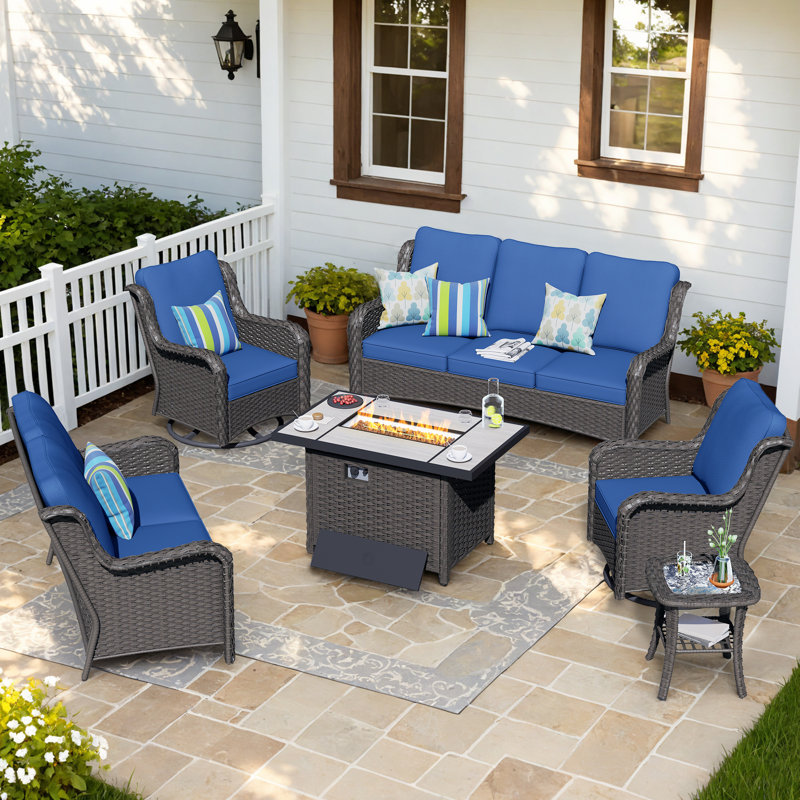 Tommy 7 - Person Patio Conversation Set with Cushions, Brown, Navy Blue