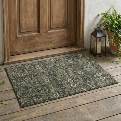 Tapis extérieur lavable antidérapant à motif floral vert et gris 2 pi x 3 pi
