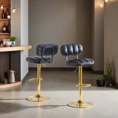 Set Of 2 Adjustable Height Bar Stools, PU Leather Upholstered With Base & Footrest, Modern Comfort Stools For Kitchen Island, Home Bar, Living Room