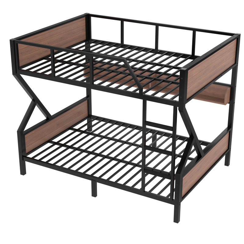 Queen Over Queen Bunk Bed, Metal Bunk Bed With Storage Shelves And Lights, Space-Saving & Noise-Free Design