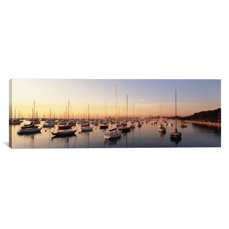 "panoramic sunset & harbor chicago il usa— reproduction de photo sur toile tendue, H 12 po x l 36 po x P 1,5 po, Toile tendue