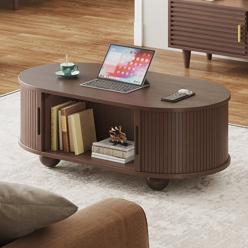 Coffee Table With Storage And 360° Sliding Doors, Walnut