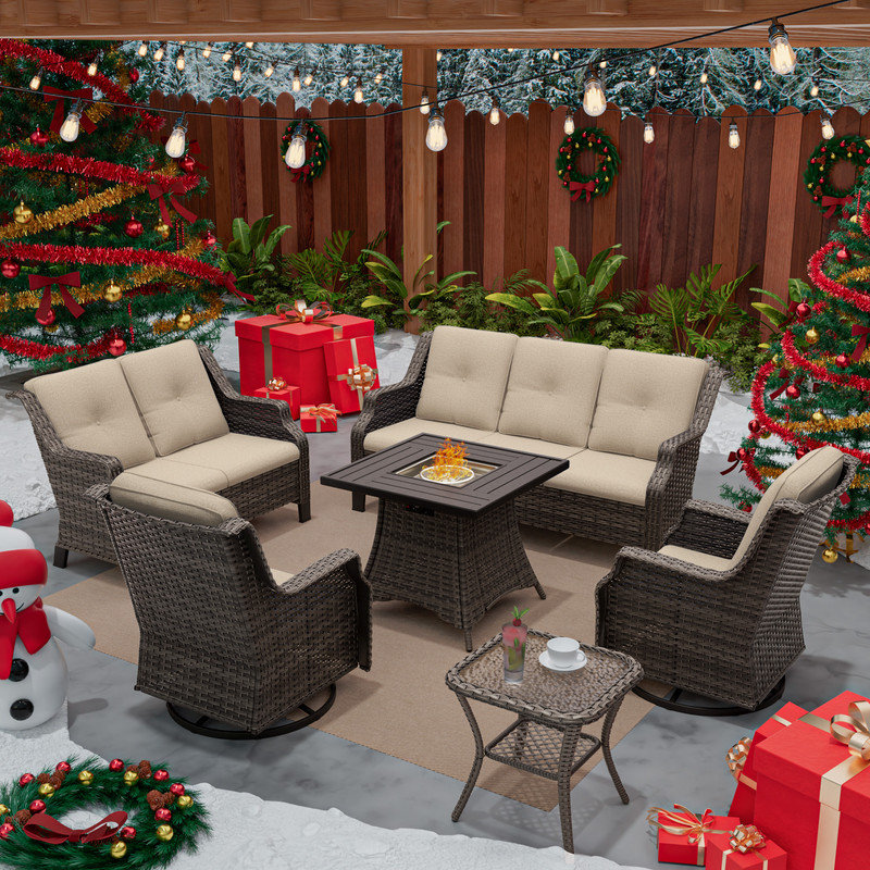 Ensemble de conversation pour 7 personnes avec foyer et coussins, Beige