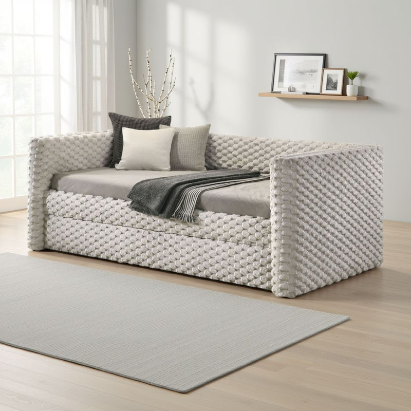 Sely Daybed W Pull Out Trundle, Faux Marble Top, Beige Upholstery