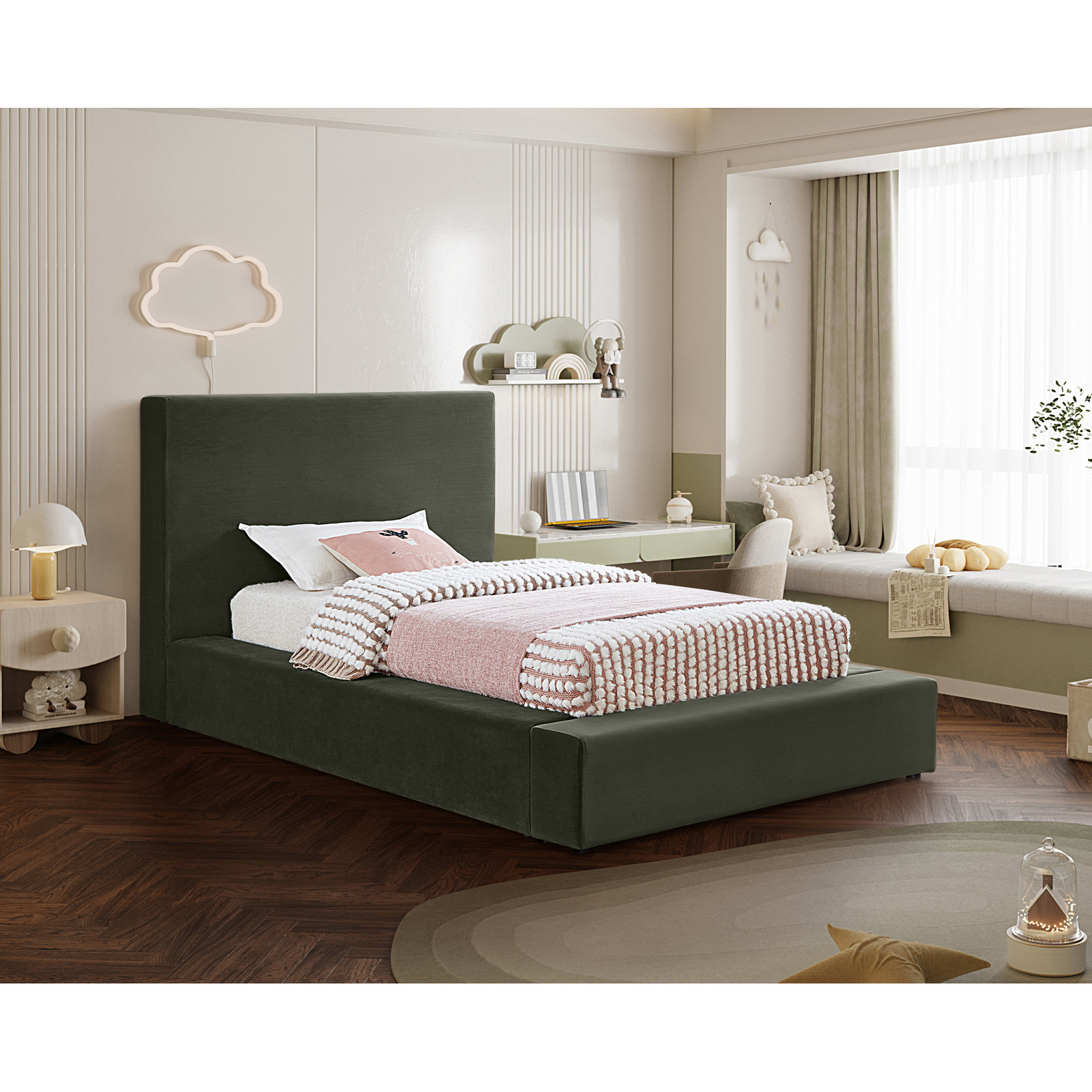 Ishia Upholstered Platform Bed, Twin, Green Velvet