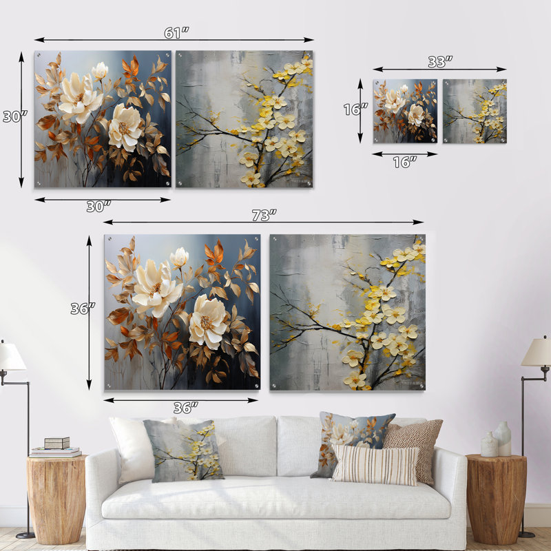 «White Buttercups», Impression romantique I - Ensemble de 2 verres en acrylique sur toile, H 36 po x l 73 po