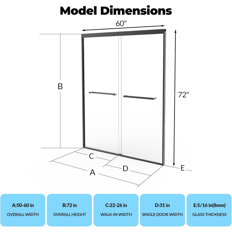 Double porte de douche coulissante, cadre en alliage d'aluminium, H 72 po x l 60 po, verre trempé de 8 mm, noir mat, pour salle de bain moderne
