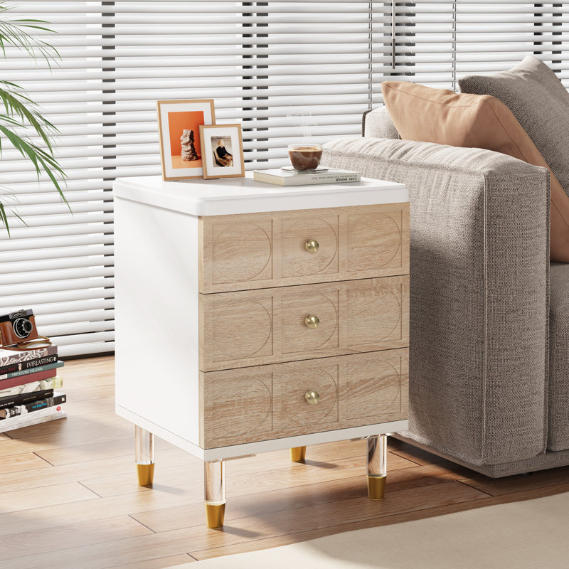 3-Drawer Modern Nightstands with Acrylic Legs, Set of 2, Brown/White