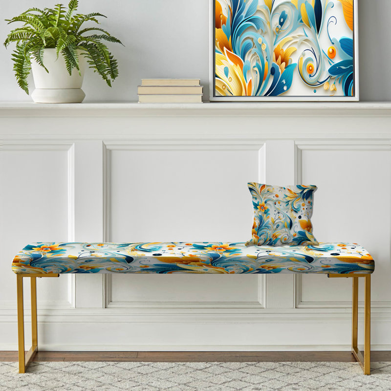 Banc floral rembourré or, Harmony à motif cachemire contemporaine