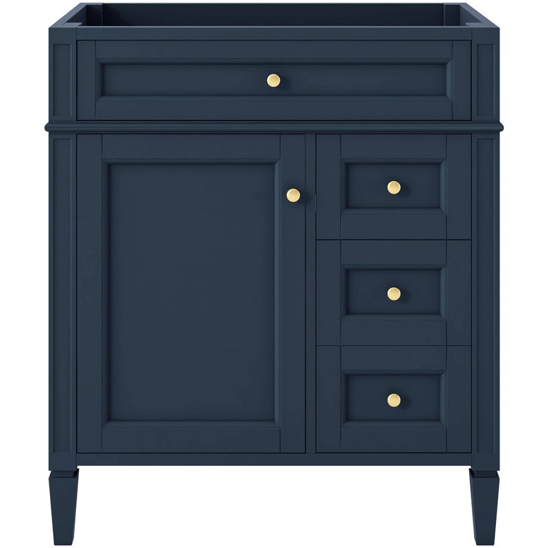Meuble-lavabo moderne de 30 po avec 3 tiroirs, organisateur de porte d'armoire, tablette réglable, tiroir escamotable, rangement divers, pieds en bois massif et bleu, pieds romains, poignée texturée, glissières en métal lisse, design