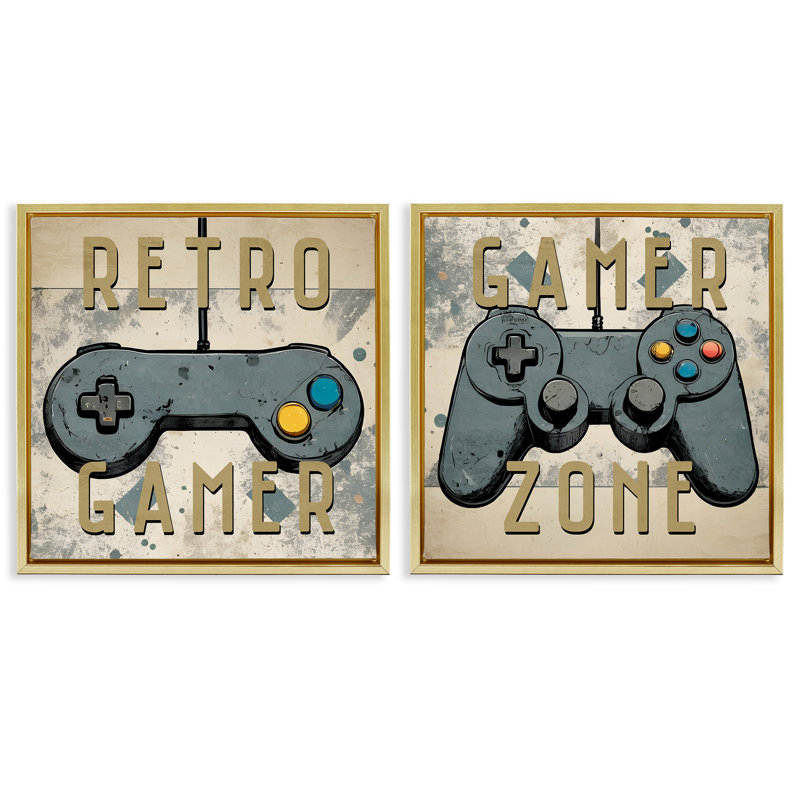  Ensemble de 2 toiles flottantes encadrées Retro Gamer Controllers par Kim Allen, H 25 po x l 25 po