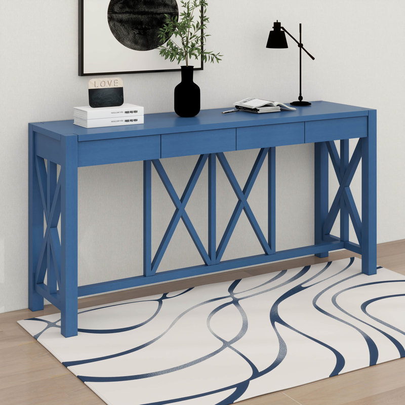 60'' Acacia Veneer Console Table With 4 Drawers, X-Design Entryway Table With Open Bottom Storage, Solid Acacia Legs