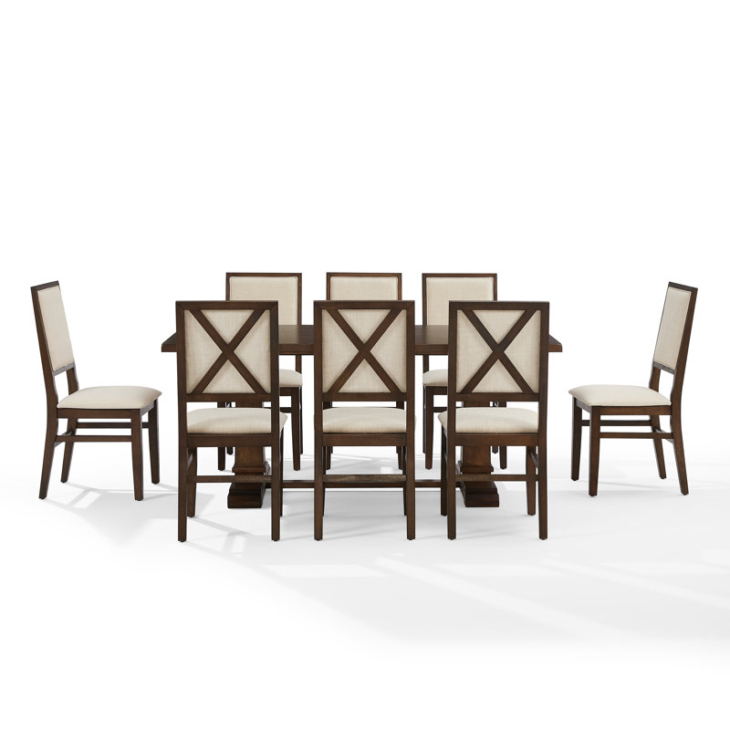Table de salle à manger à tréteaux et chaises en bois Heymann, Chêne foncé, 9 pièces : table, 8 chaises