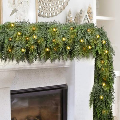 Guirlande de Noël en cèdre de 3,65 m avec lumières, guirlande artificielle extra fournie en cèdre avec 1500 branches, lumières DEL à 8 modes, guirlande festive pour foyer, escalier, porte