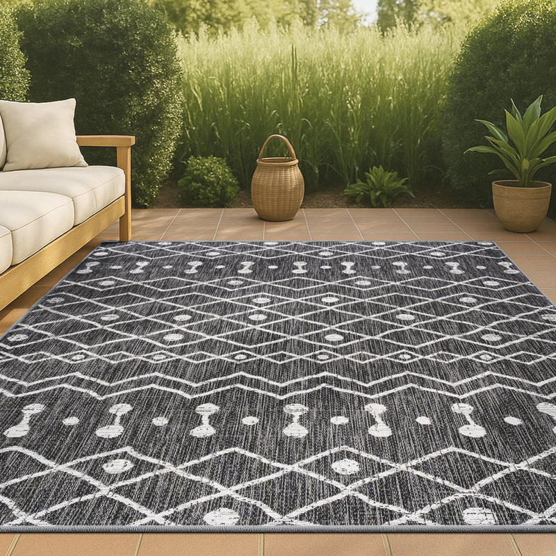 Wemoorland Tribal Bohemian Black/Ivory Indoor/Outdoor Rug, Rectangle 3'11" x 6'