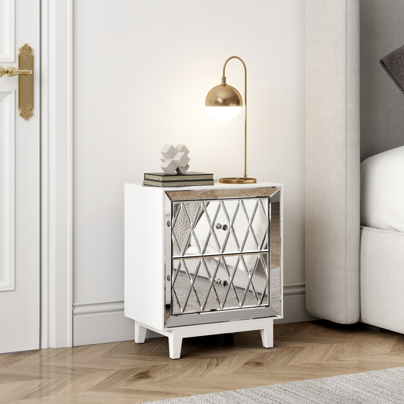 Table de chevet miroir 2 tiroirs Yolanta, Blanc