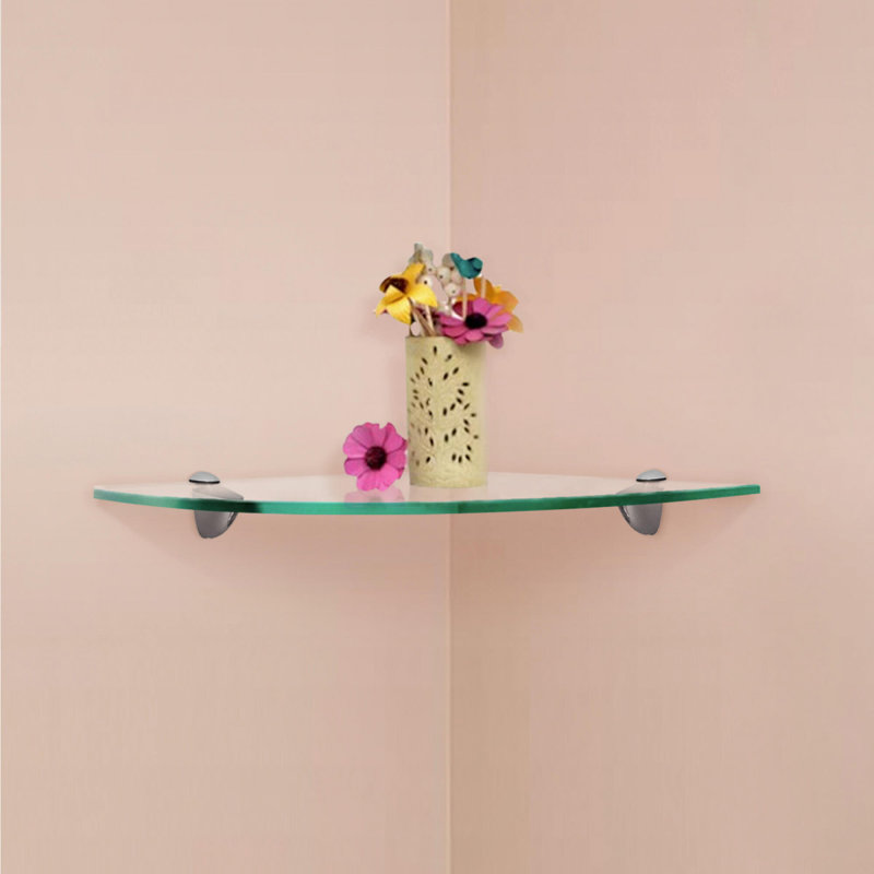 12" Clear Tempered Glass Floating Corner Shelf with Chrome Brackets