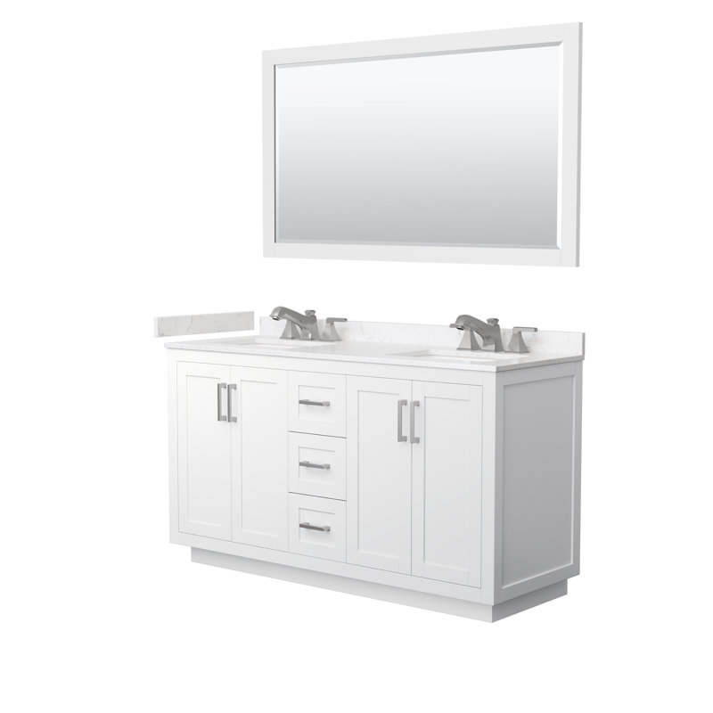 Ensemble de meuble-lavabo double 60 po avec plateau en marbre de culture Miranda, Blanc, Nickel brossé