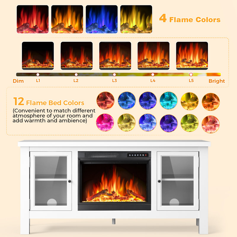 57" Fireplace TV Stand for TVs up to 65", 5100 BTU Electric Fireplace Media Console with 16-Color 3D LED Flame & Ember Bed, Remote Control