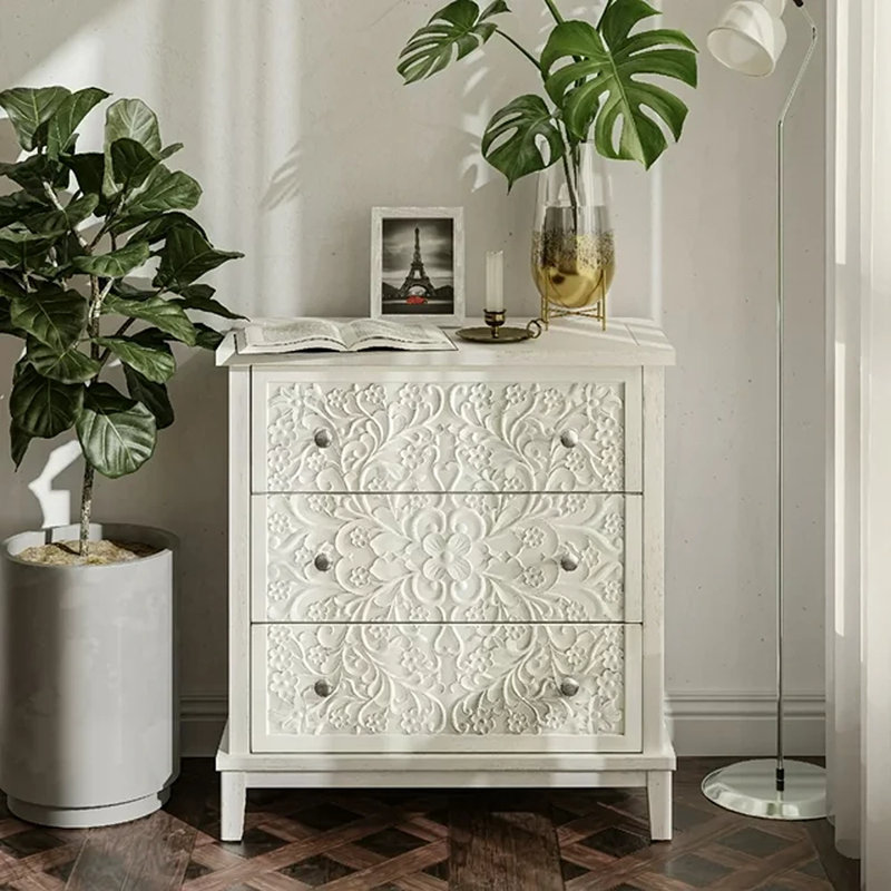 Bungalow Rose Farmhouse Fully-Assembled Nightstand With 3-Drawer, Flower Motif End Table For Small Spaces, French Country, Modern, Distressed Finish, White-Washed