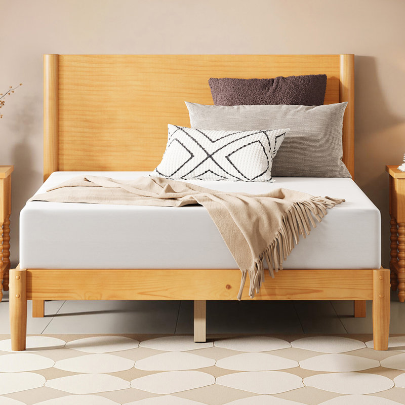 Mid Century Solid Wood Platform Full Bed Frame With Wood Slat Support, Natural, Natural, Full