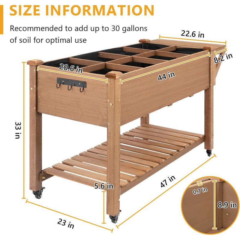 Behn Mobile Wooden Elevated Planter With Wheels