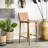 Markus Teak Wood Woven Leather Seat and Back Bar Stool with Beam Footrest-1241040558